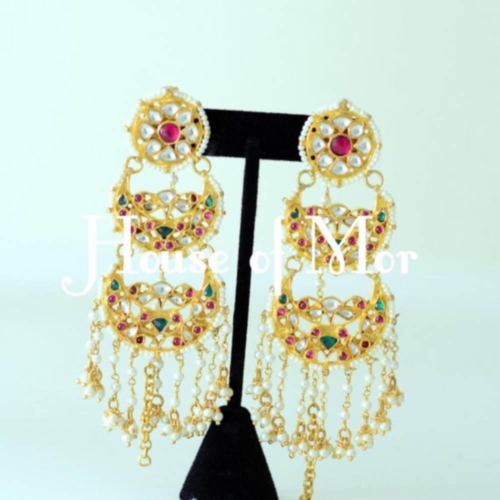 3 tier gold plated kundan chandelier earrings